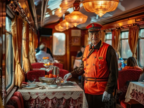 A conductor in vintage uniform serving passengers in an elegant, old-fashioned train dining car, illuminated by warm, golden light. photo