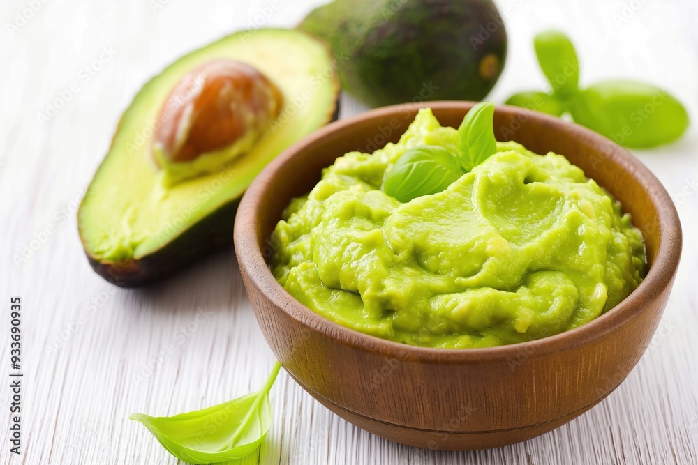Guacamole in a plate isolated on white background Guacamole in a plate isolated on white background