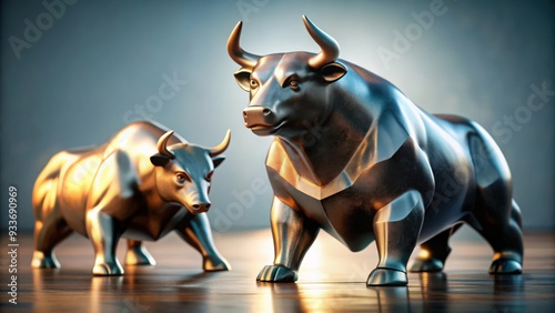 Stock photo featuring a bull and a bear statues representing the concept of a bull market and a bear market , stock market photo