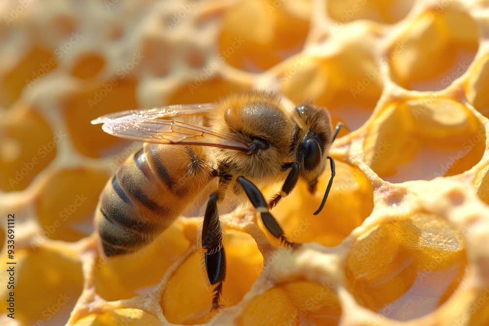 Honey bee on honeycomb. Close-up view of the working bee on honeycells. Honey bee on honeycomb. Close-up view of the working bee on honeycells.