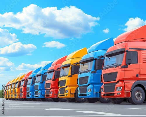 Large trucks on the way and in the parking lot. Transport delivery, cargo transportation, logistics. The concept of a cargo delivery service.