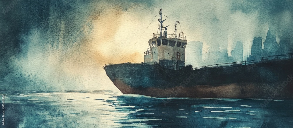 Fototapeta premium Watercolor depiction of a cargo ship on the river