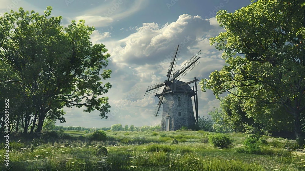 Windmill in a Lush Green Meadow - 3D Illustration Windmill in a Lush Green Meadow - 3D Illustration