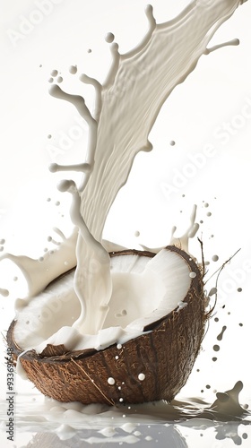 Coconut with milk splash isolated on white background, close up shot photo