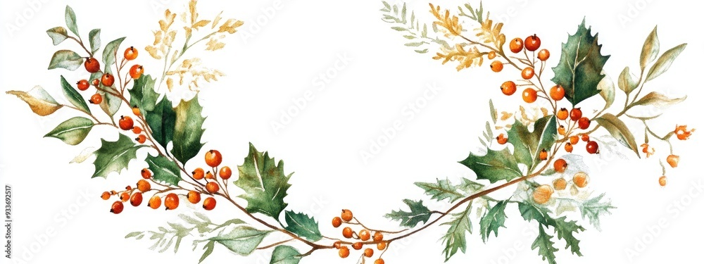 Naklejka premium Watercolor circular congratulatory wreath featuring sea buckthorn hawthorn dog rose snowberry and holly leaves