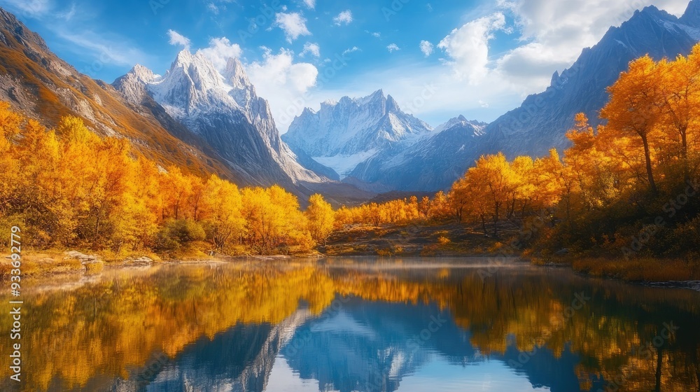 The golden autumn colors of the Yading Nature Reserve, with vibrant trees surrounding the tranquil Pearl Lake, reflecting the towering peaks. The golden autumn colors of the Yading Nature Reserve, with vibrant trees surrounding the tranquil Pearl Lake, reflecting the towering peaks.