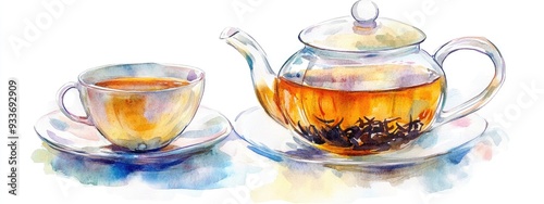 Panel kuchenny z motywem Transparent glass teapot and cup set featuring black tea Hand painted watercolor illustration on a white background