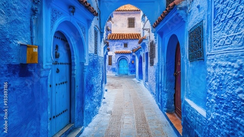 The iconic blue streets of Chefchaouen, Morocco, with narrow alleyways and traditional Moroccan doors framed by vibrant blue walls.