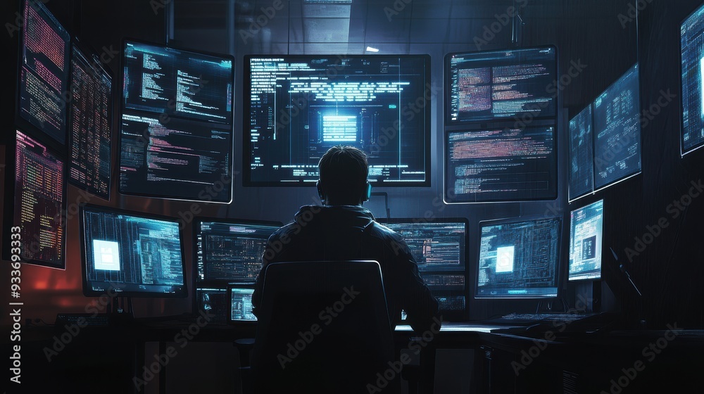 Cybersecurity Breach: Human Hacking Terminal with AI Warning Messages in Dark Room Cybersecurity Breach: Human Hacking Terminal with AI Warning Messages in Dark Room