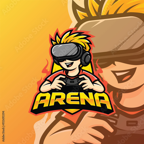 Gaming guy esport emblem logo. Gamer boy wearing VR machine.
