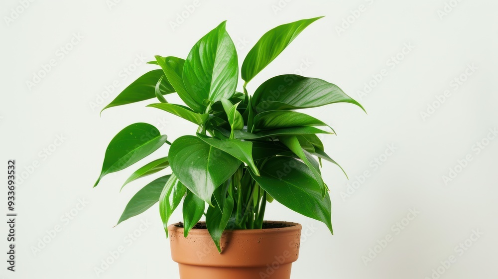 Philodendron plant growing in terracotta pot on white background