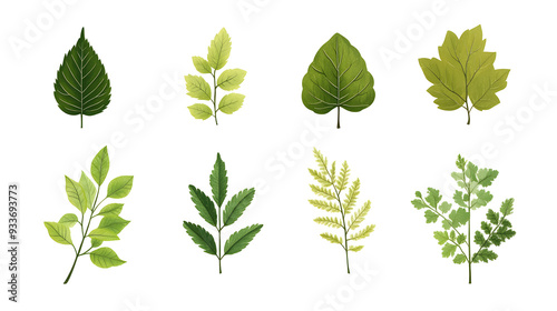 Minimalistic illustration collection of different green leaves and plants isolated on white background