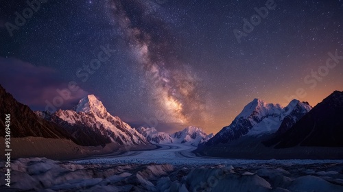 The night sky over Mt. Cook, with the Milky Way stretching across the sky above the snow-covered peaks and glaciers.