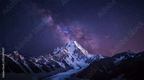 The night sky over Mt. Cook, with the Milky Way stretching across the sky above the snow-covered peaks and glaciers.