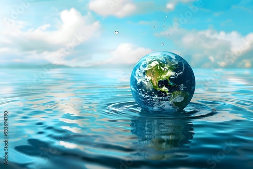 3D abstract globe reflecting on water, blue planet with world map, business concept for nature and environment