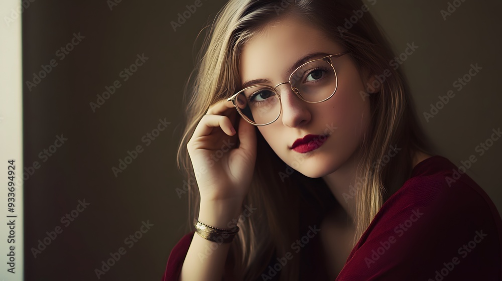 A young woman with long blonde hair wearing glasses and red lipstick looks thoughtfully at the camera. A young woman with long blonde hair wearing glasses and red lipstick looks thoughtfully at the camera.