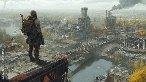 Brave Soldier Surveying AI-Dominated City from Destroyed Bridge photo