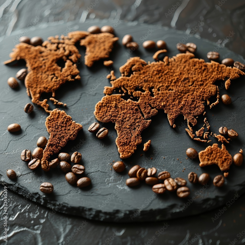 World Map Made of Coffee Grounds and Beans on Dark Slate Background - Creative Food Art Concept