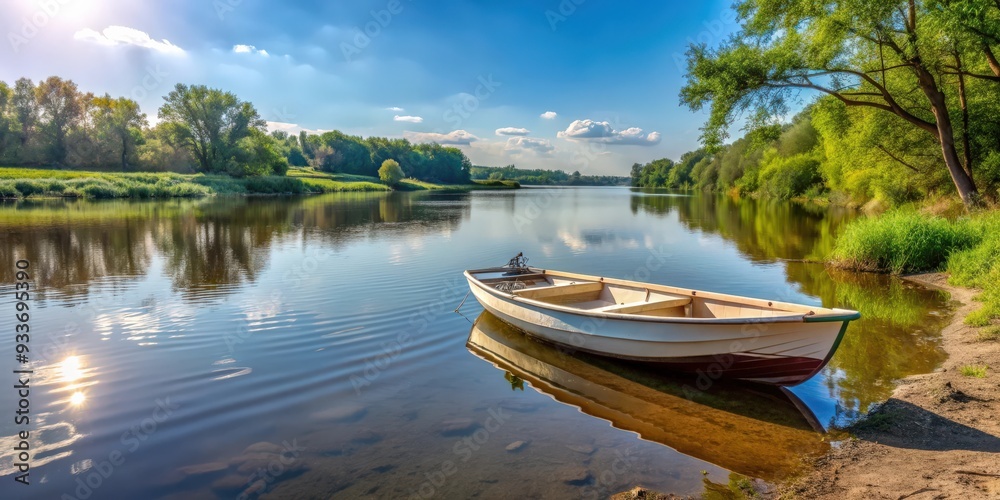 Fototapeta premium PVC boat parked on the river bank on a sunny summer day, PVC, boat, river, bank, summer, water, recreation, outdoor