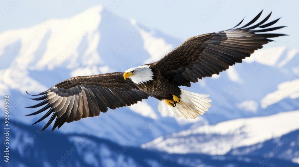 Fototapeta premium Bald Eagle Soaring Above Snowy Mountain Peaks