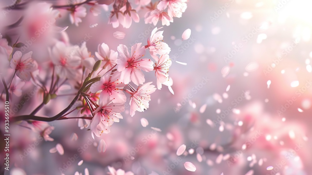 Pink Cherry Blossom Branch with Falling Petals Illustration Pink Cherry Blossom Branch with Falling Petals Illustration
