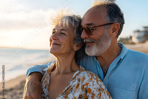 Beautiful happy senior couple dating at the seaside during summertime - Mature married couple in love bonding outdoors at the beach, concepts about elderly lifestyle, relationship and quality of life