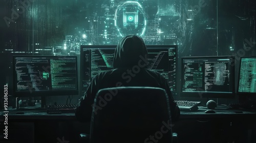 Cyber Criminality: Human Hacker Breaking AI Defense System in Darkened Room