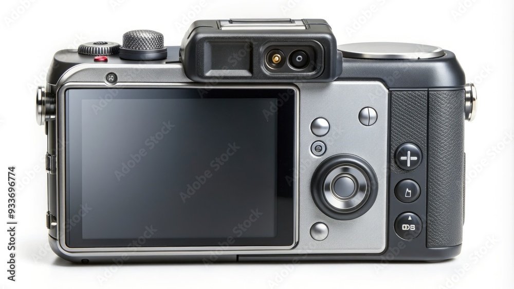 Rear view of a sleek digital camera featuring a large LCD screen, mode dial, and various buttons for easy navigation and control. Rear view of a sleek digital camera featuring a large LCD screen, mode dial, and various buttons for easy navigation and control.