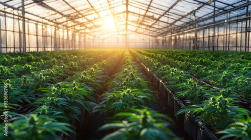 Lush high tech greenhouse filled with rows of thriving cannabis plants bathed in natural sunlight and optimized for commercial cultivation and production