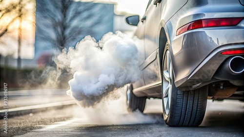 Rear view of a speeding car emitting thick white smoke from the exhaust pipe, blurring the background on a foggy day with soft focus.