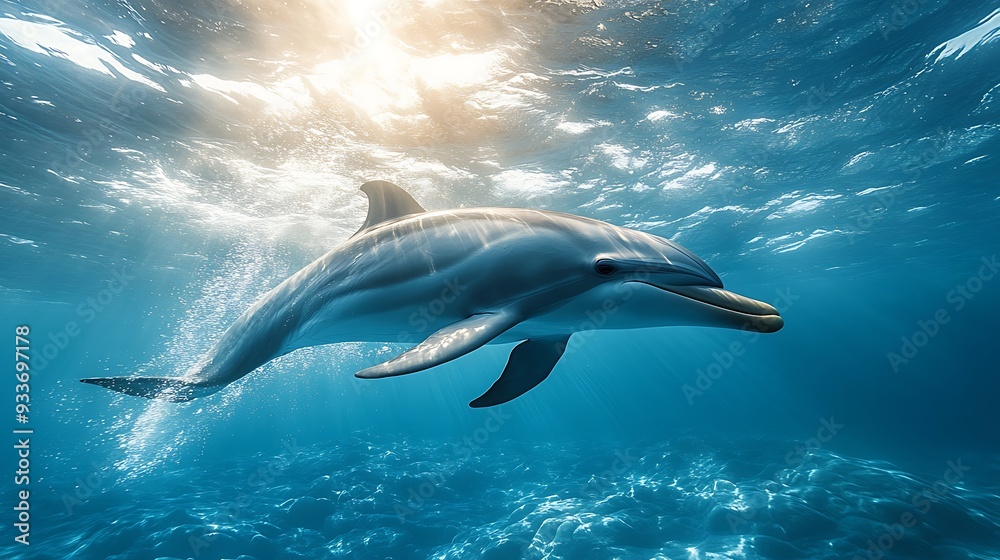 Naklejka premium A dolphin swims through the ocean with the sun shining down on it.