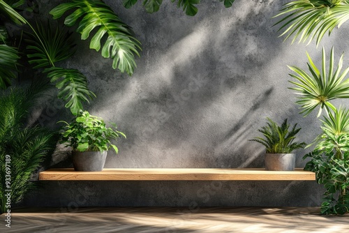 A wooden shelf in front of a gray concrete wall. The shelf is perfect for showcasing products and creating a natural and minimalist backdrop.