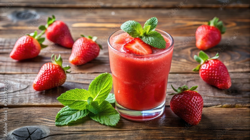 Refreshing glass of frozen strawberry lemonade with ice, garnished with a sprig of fresh mint and a slice of strawberry, on a wooden table.