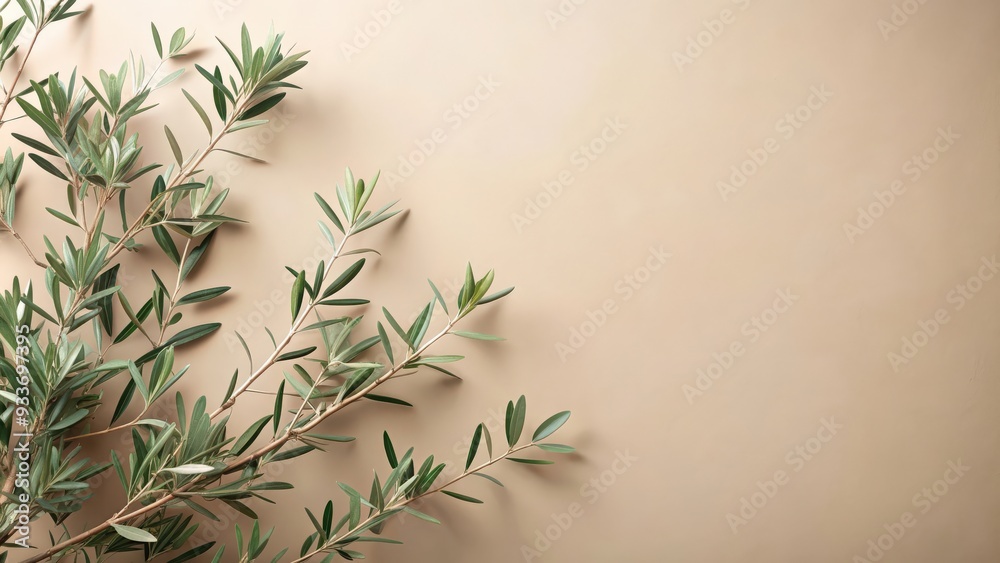 Olive tree branches on neutral pastel beige wall , Olive, tree, branches, Mediterranean, natural, organic, plant Olive tree branches on neutral pastel beige wall , Olive, tree, branches, Mediterranean, natural, organic, plant