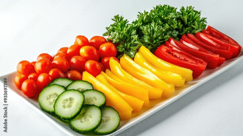 Simple and elegant image of a vegetable platter with fresh cucumber slices, cherry tomatoes, and bell pepper strips, set against a pristine background. Simple and elegant image of a vegetable platter with fresh cucumber slices, cherry tomatoes, and bell pepper strips, set against a pristine background.