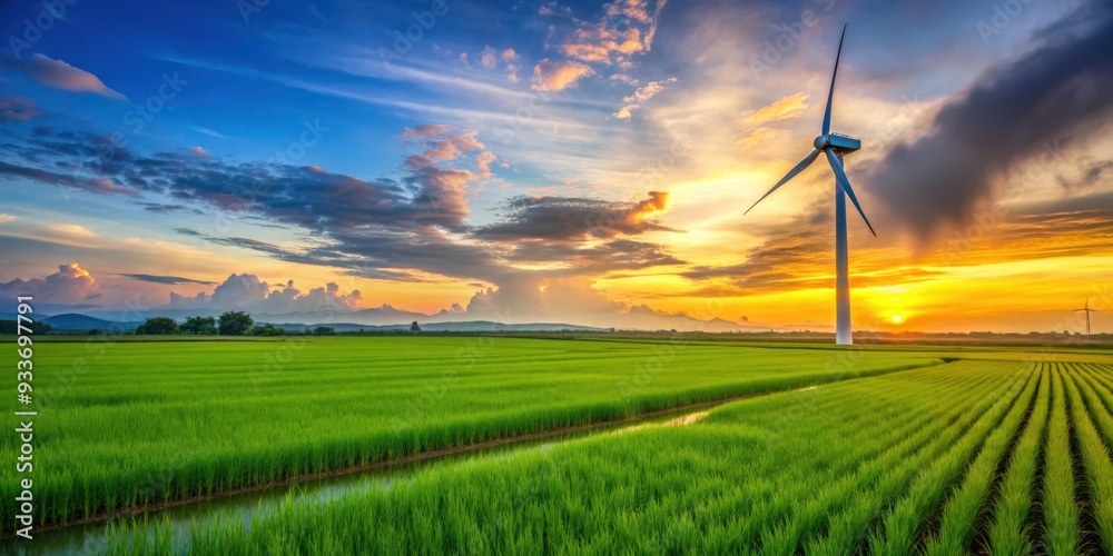 Fototapeta premium Green rice field with wind turbine against sunset sky in countryside landscape, Green, rice field, wind turbine