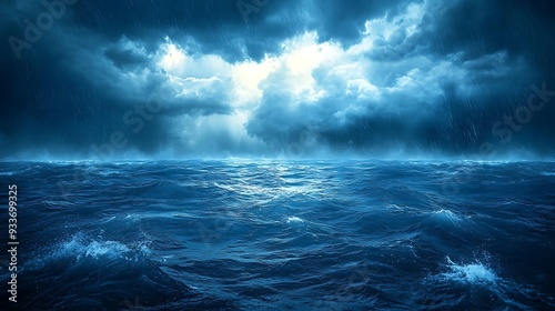 A dramatic stormy seascape with dark clouds and heavy rain over the turbulent ocean.