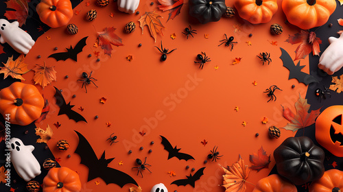 A Halloween holiday card featuring party decorations of pumpkins, bats, spiders, and ghosts, viewed from above.