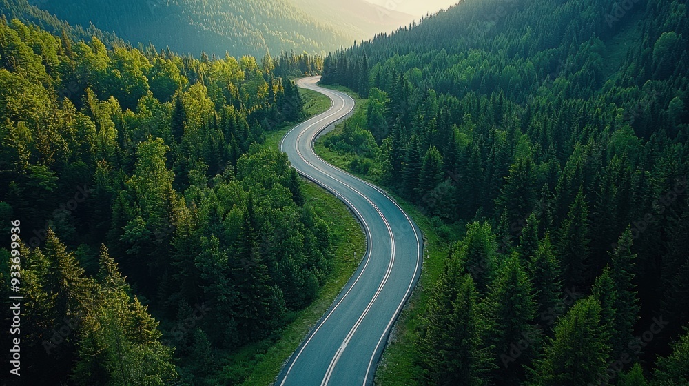 Obraz premium Aerial Perspective of Serpentine Mountain Road Cutting Through Lush Forest Canopy