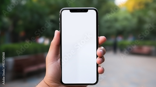 Hand holding mobile phone with empty screen for mockup