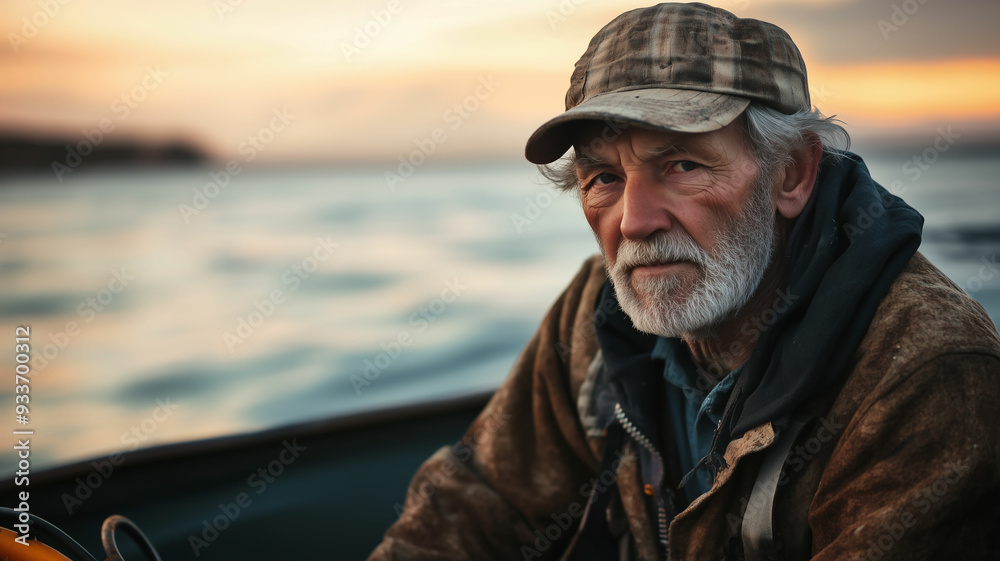 An environmental portrait of a fisherman in his boat at sunrise, with the calm waters reflecting the soft morning light. His weathered face tells a story of years spent at sea. An environmental portrait of a fisherman in his boat at sunrise, with the calm waters reflecting the soft morning light. His weathered face tells a story of years spent at sea.