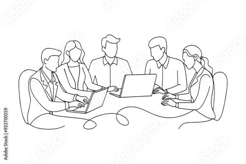  Meeting, coworking, teamwork, training, analysis, business concept One line continuous line art vector illustration on white background