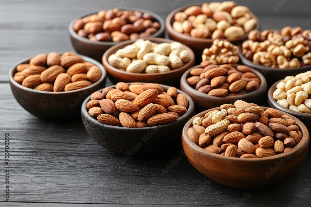 Assortment of nuts in wooden bowls. This photo is perfect for illustrating healthy snacking or a natural food theme.
