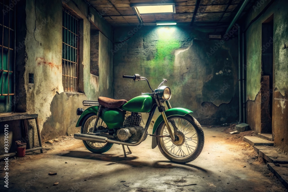 Retro green motorbike with faded decals parked on a dusty concrete floor, surrounded by dimly lit shadows, in a cluttered basement on a Monday morning. Retro green motorbike with faded decals parked on a dusty concrete floor, surrounded by dimly lit shadows, in a cluttered basement on a Monday morning.