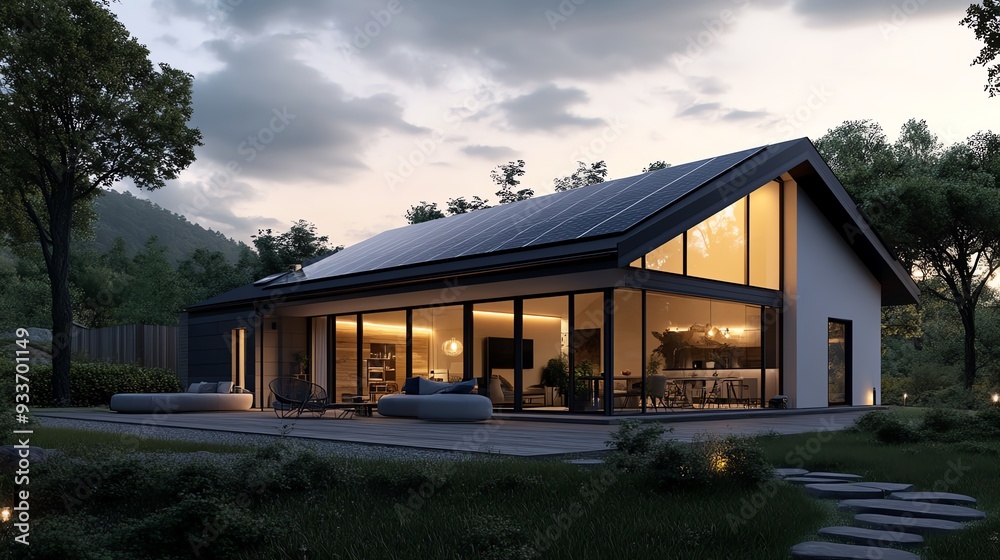 Modern house with large windows and solar panels, surrounded by lush trees and a peaceful landscape, ideal for eco-friendly living. Modern house with large windows and solar panels, surrounded by lush trees and a peaceful landscape, ideal for eco-friendly living.