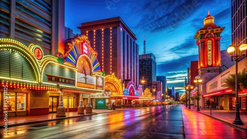 Retro neon signs and old-school casino architecture line the vibrant streets of a bygone era in America's entertainment capital, evoking nostalgia and glamour.