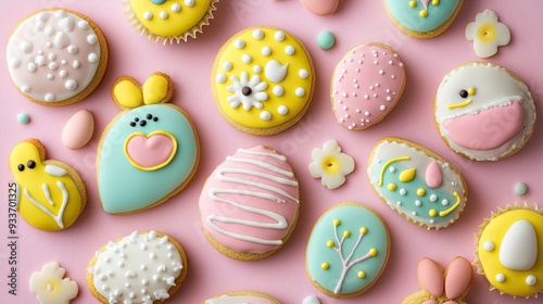 Colorful Easter cookies on a pink background. Use this photo to promote the joy of Easter and the sweetness of springtime.