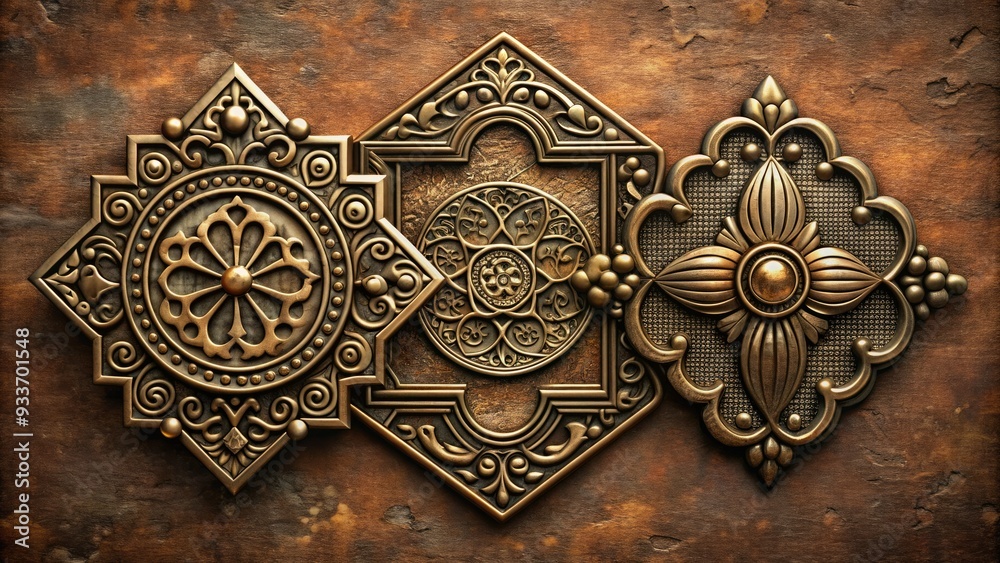 Retro-style geometric badge shapes in worn, distressed metal textures, adorned with ornate filigree and classic typography, evoking a nostalgic, bygone era. Retro-style geometric badge shapes in worn, distressed metal textures, adorned with ornate filigree and classic typography, evoking a nostalgic, bygone era.