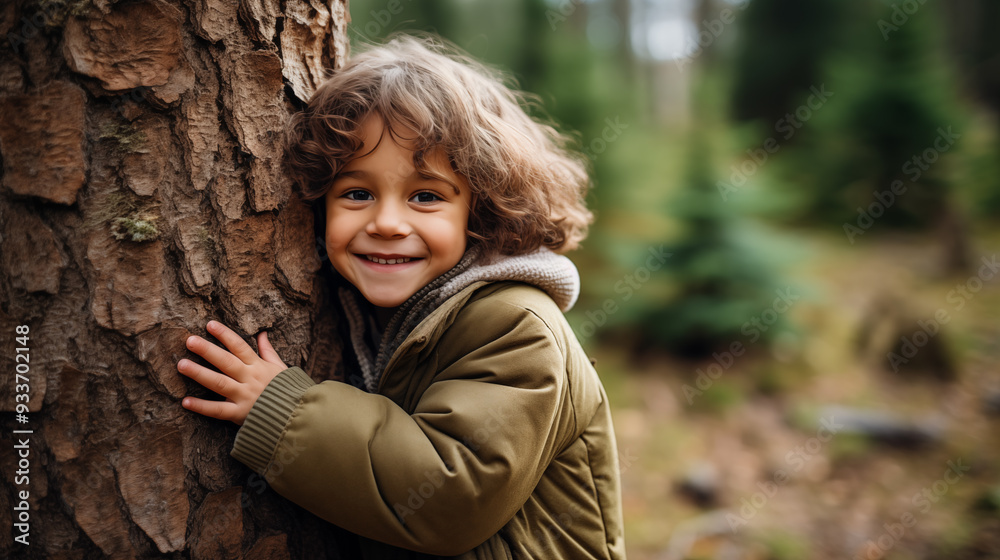 young kid hugging a tree in the forest young kid hugging a tree in the forest