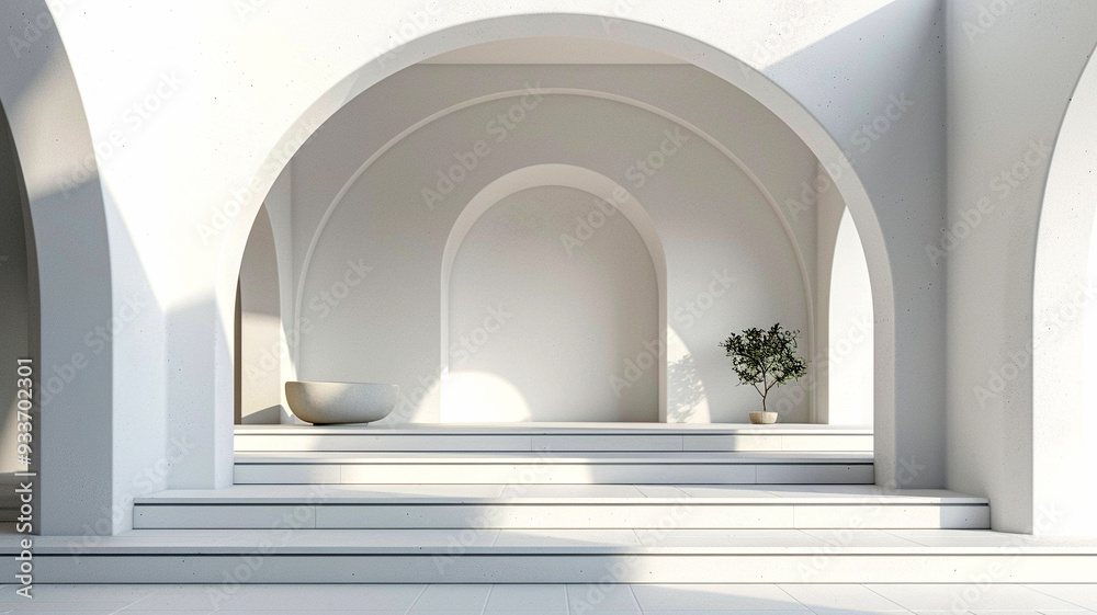 Modern architectural space with arches and minimalist decor in bright daylight